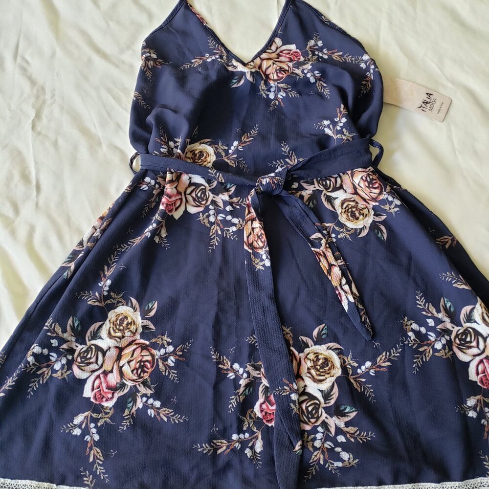 Italia Moda Floral A-Line Sleeveless Belted Lace Trim Mini Dress - Picture 2 of 9